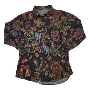 Mens Abstract Casual Button-Up Shirt Black Floral Birds Colorful Folk Art Large